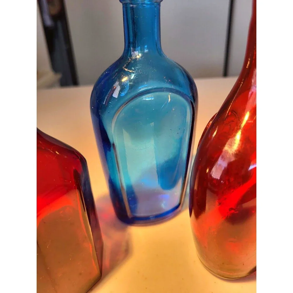 Lot 3 Vtg Wheaton Mini Apothecary Bottles Red Crown, Red Octogan, Cobalt Blue